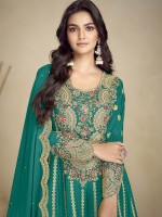 Bright Teal Real Chinon Party Wear Sharara Suit